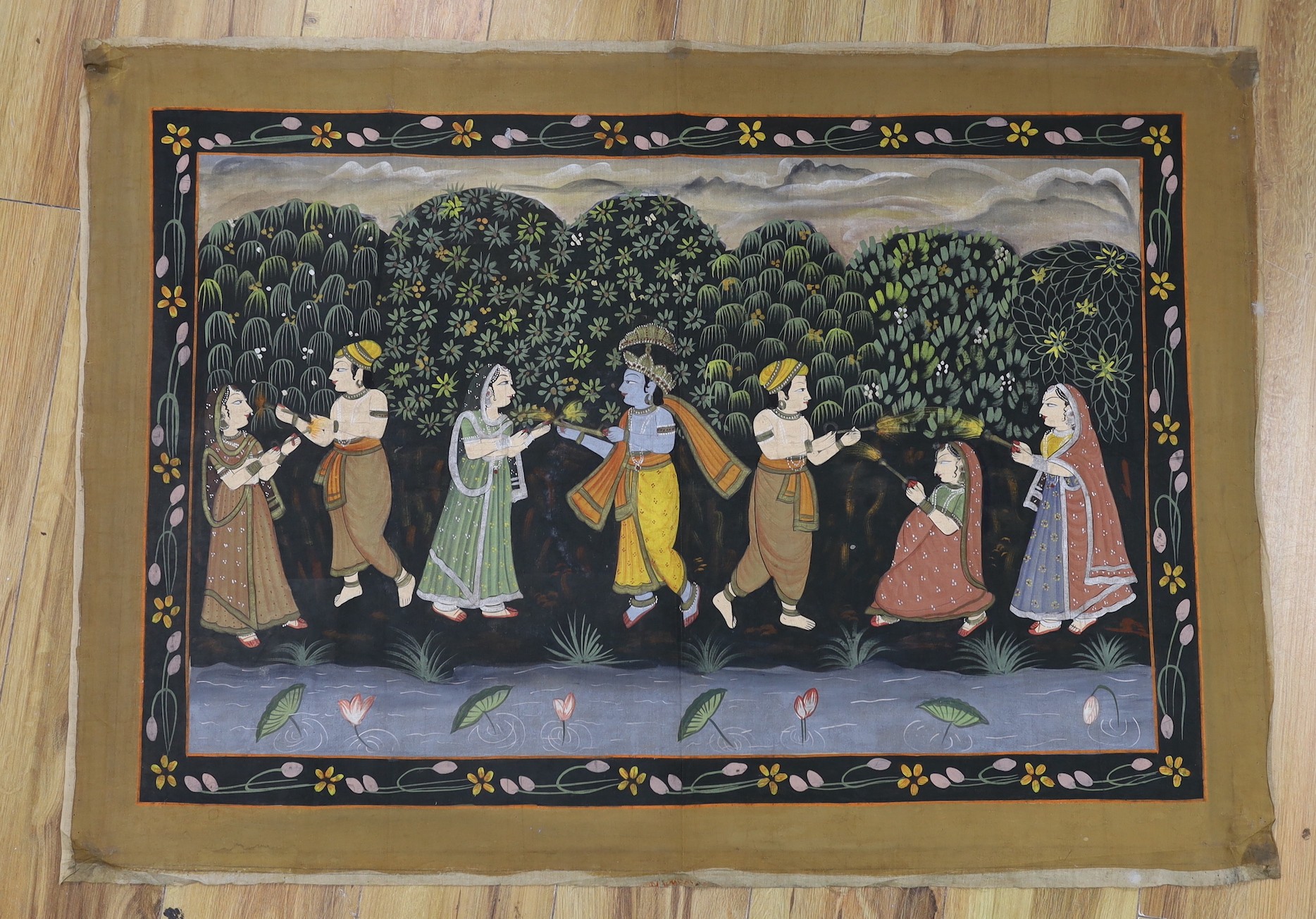 An Indian painted silk panel, two framed Persian paintings and another unframed painting.